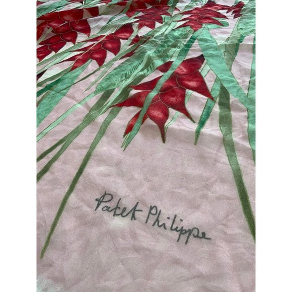 PATEK PHILIPPE Tricolor Floral & Leaf Print Logo Stole Cashmere 56"/ 54" EX.CON - Picture 2 of 5